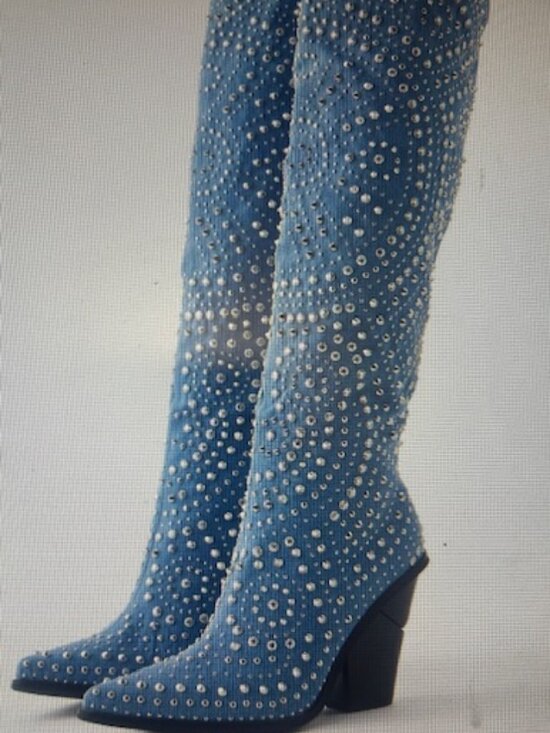 Urban Outfitters x Azalea Wang Shoes - Azalea Wang Texas Studded Denim Pull On Cushioned Wedge Cut Heel Cowboy Boot NEW